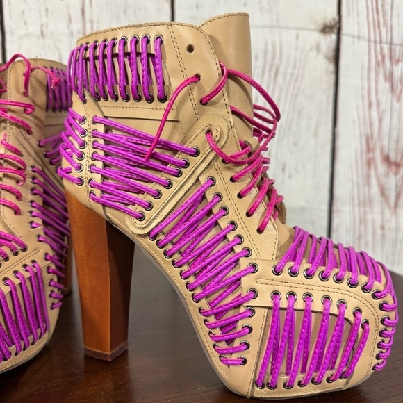 JEFFREY CAMPBELL LITA LACED in Neon Pink & Purple On Tan Leather Ankle Boots 6.5 - Picture 5 of 16
